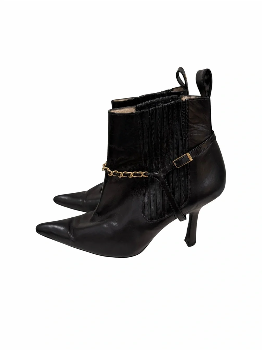 CHANEL Black Leather Chain Strap Pointed Toe Ankle Boots Booties